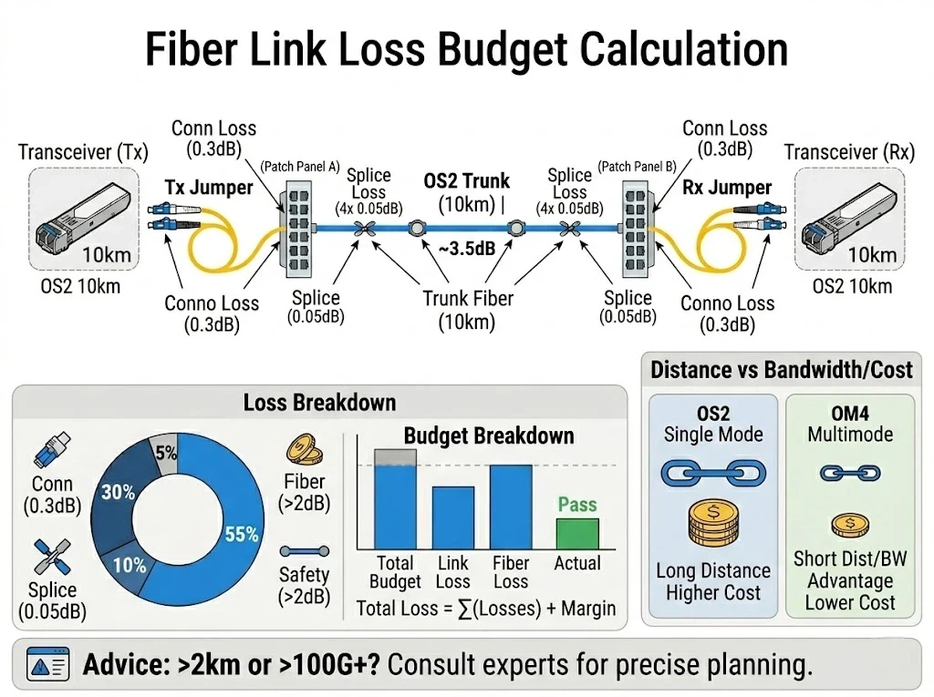 Diagram illustrating link budget calculation with insertion loss points marked along a fiber path Diagram illustrating link budget calculation with insertion loss points marked along a fiber path